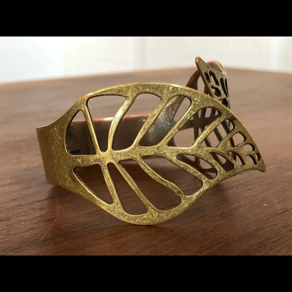 Brass Filigree Leaf Hinged‎ Cuff Bracelet